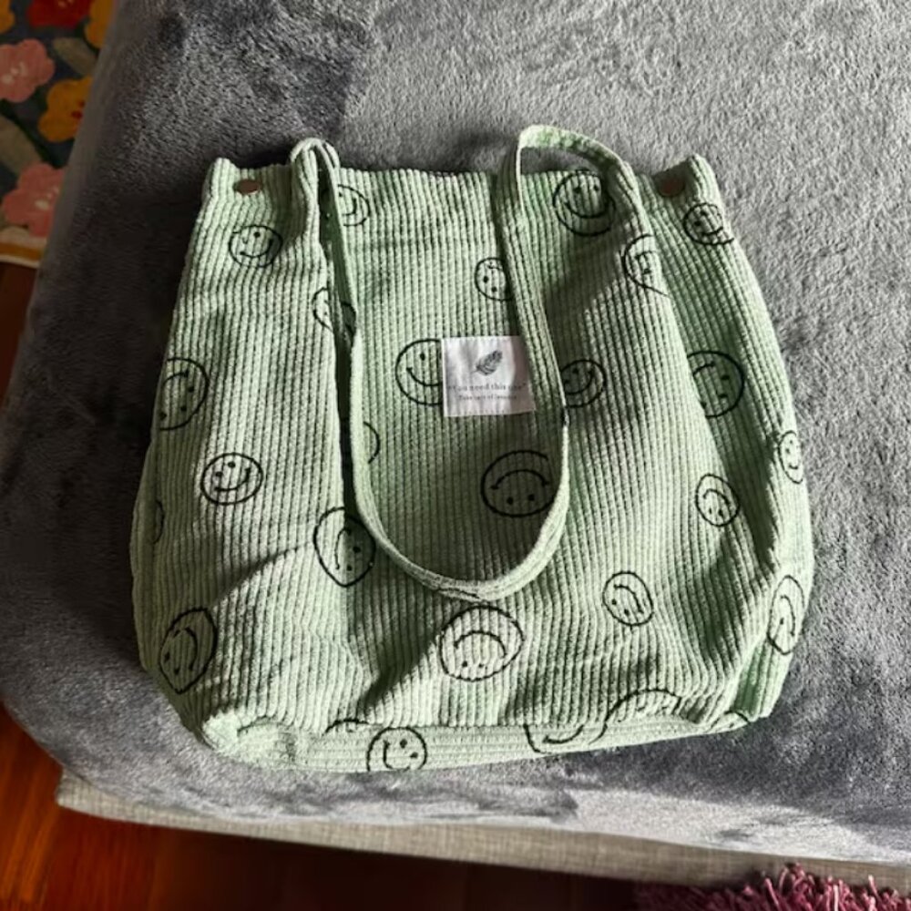 Personalized Embroidery Corduroy Smiley Face Tote Bag, Lunch Bag and Makeup Bag